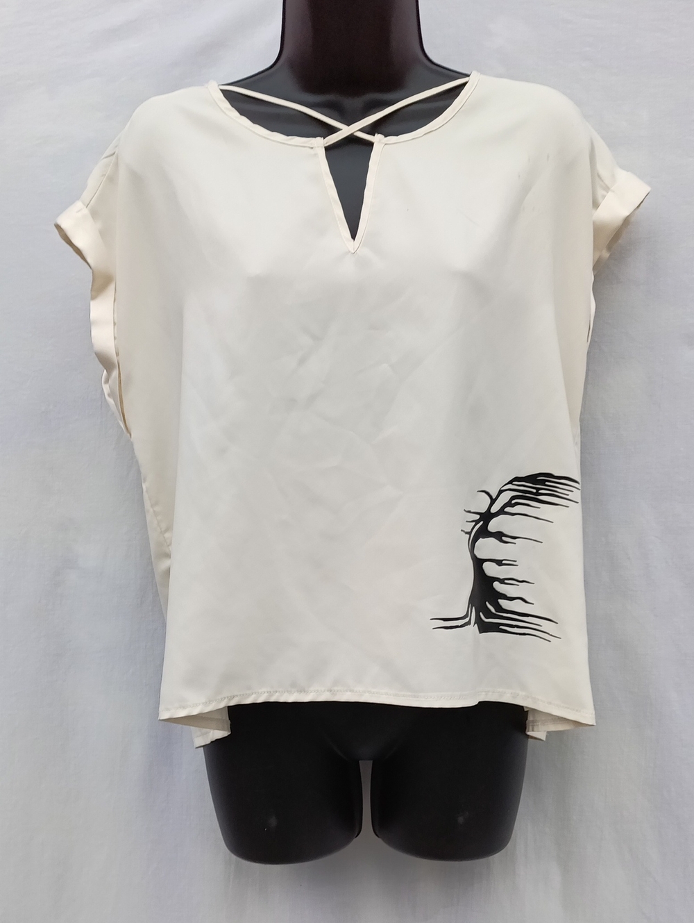 Women’s Cream Short Sleeve Blouse with Tree Print